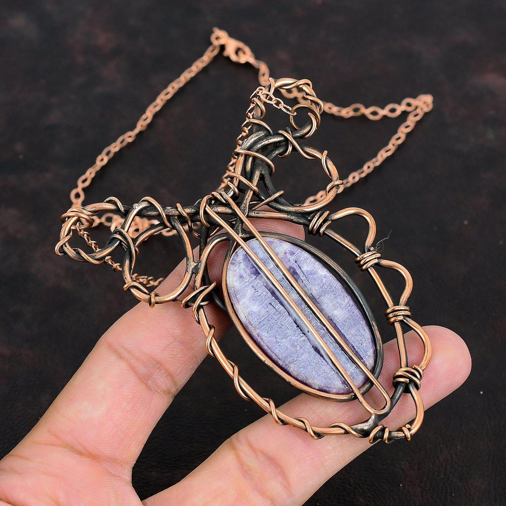 Ожерелье из лепидолита, ожерелье, обмотанное медной проволокой, ожерелье с регулируемой цепочкой, драгоценный камень, медные украшения, элегантное ожерелье ручной работы, антикварные украшения