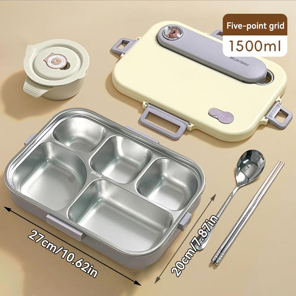 4/5 Grids Portable Bento Box With Bowl & Cutlery 304 Stainless Steel Divided Lunch Box Microwave Heatable Lunch Container Set