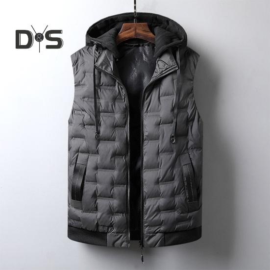 Men Cotton Vest with Removable Hood Drawstring Decoration Sleeveless Waistcoat Solid Color Zipper Placket Vest Coat