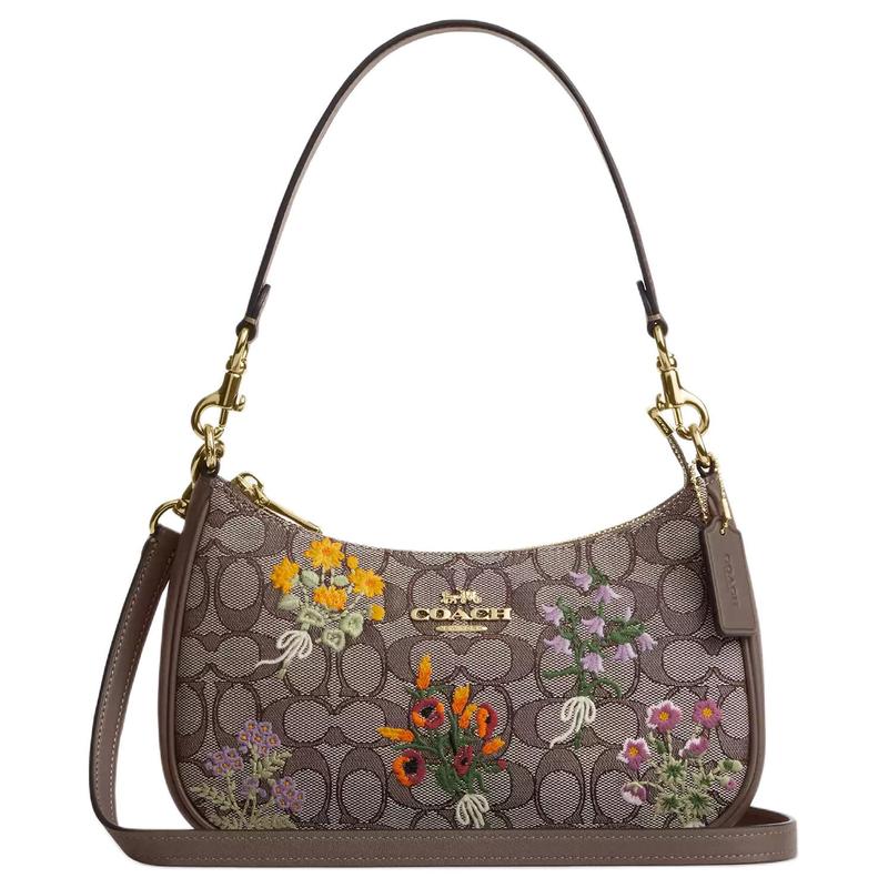 Coach Сумка на плечо Teri 25 Цветочная вышивка Застежка-молния Съемная верхняя ручка Фирменная жаккардовая и гладкая кожа Среднего размера Женская Дуб
