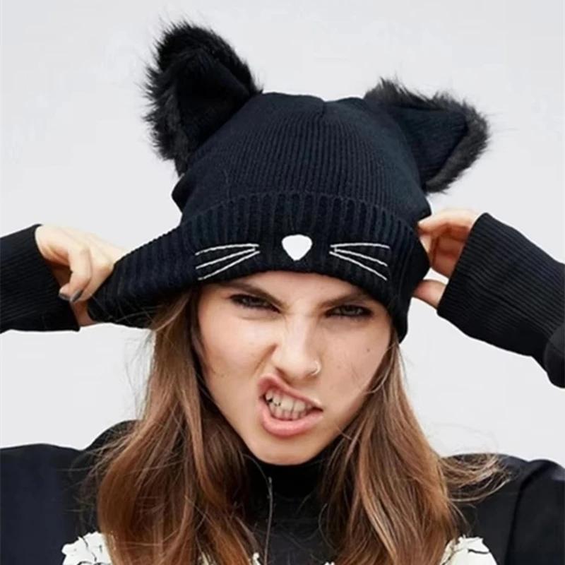 Fashion Cat Ear Women Hat Acrylic Knitted Hat Warm Winter Hat For Women High Quality Bonnet Hat