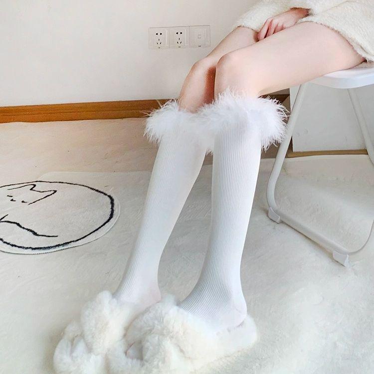 Japanese JK Fluffy Calf Socks, Women’s Thick Warm Mid-Calf, White Ruffle, Autumn/Winter Cotton Christmas Boot Socks.