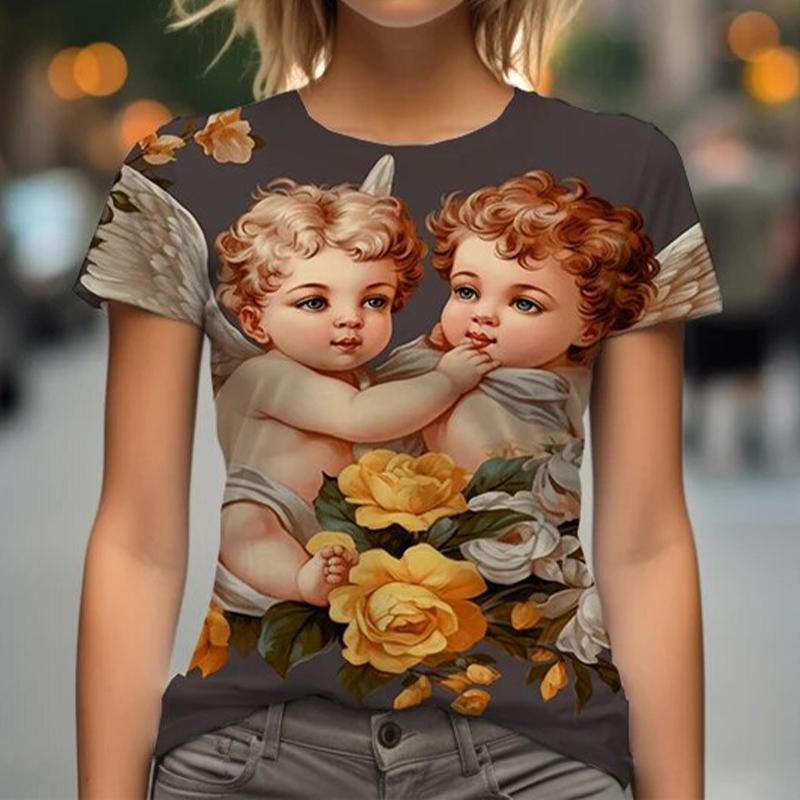 Женская футболка Angel Baby с 3D-принтом, повседневная футболка с короткими рукавами и круглым вырезом Y2K, уличная одежда Harajuku, футболка, женская одежда