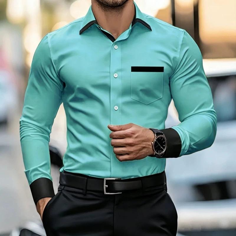 Мужская рубашка business casual с контрастным воротником, эластичная, облегающая, с длинным рукавом, не мнущаяся