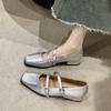 New Women  Janes Shoes French Small Square Toe Double Buckle Shallow Pumps Mid Thick Heels Dress Shoe Zapatos Mujer
