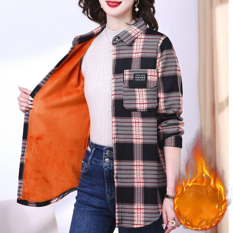 Шикарная женская рубашка с длинным рукавом в клетку — уютная утолщенная ткань, воротник-поло, идеально подходит для осеннего и зимнего гардероба