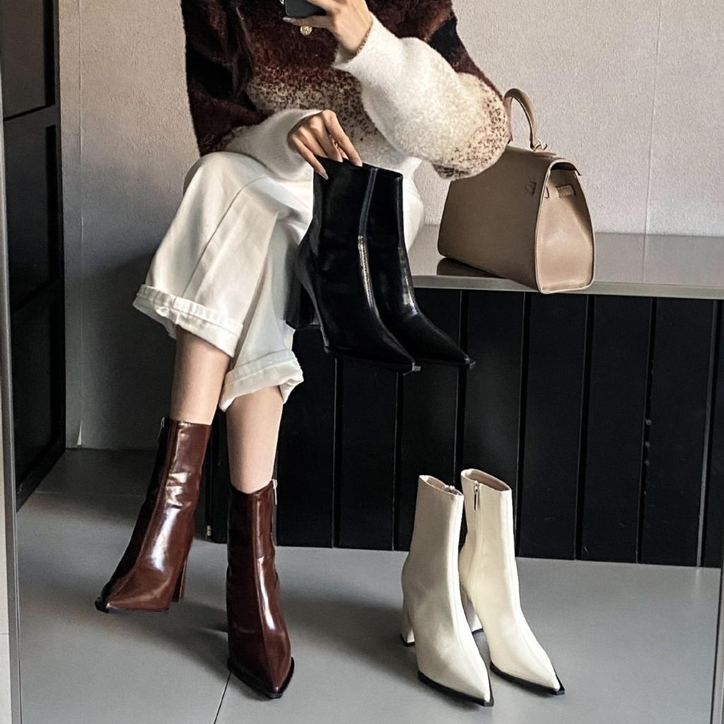 2025 осень новые остроносые толстый каблук высокий каблук темперамент французская мода сексуальные красивые женщины короткие сапоги