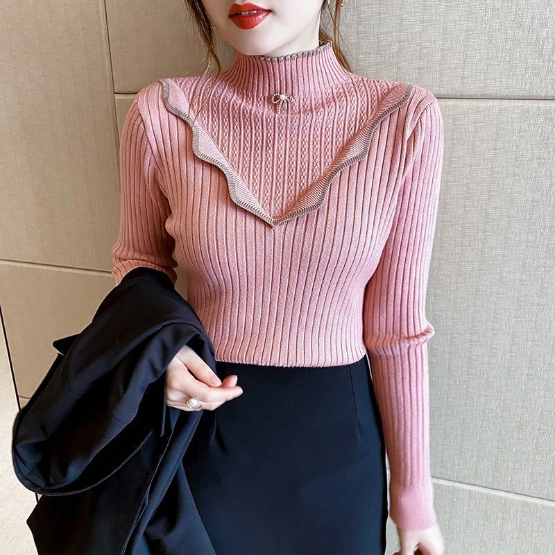 Half High Neck Women's Sweater Autumn and Winter Fashion Slim Knitted Sweater Long Sleeved Pullover Sweater
