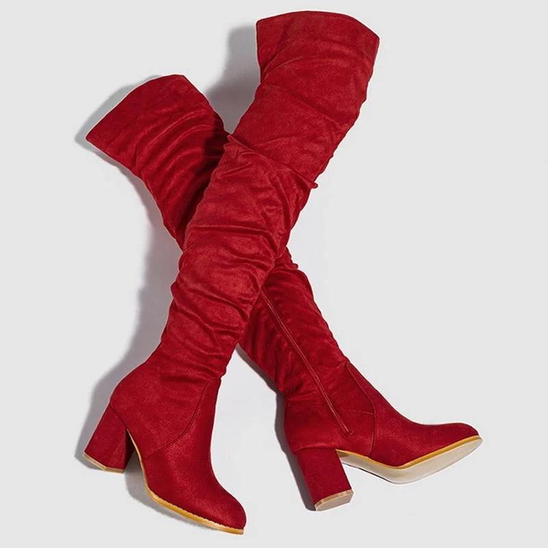 Women Flocks High Thick Heel Long Boots Lady Over The Knee Side Zipper Winter Boots Female Ruffle Office Fashion Boots