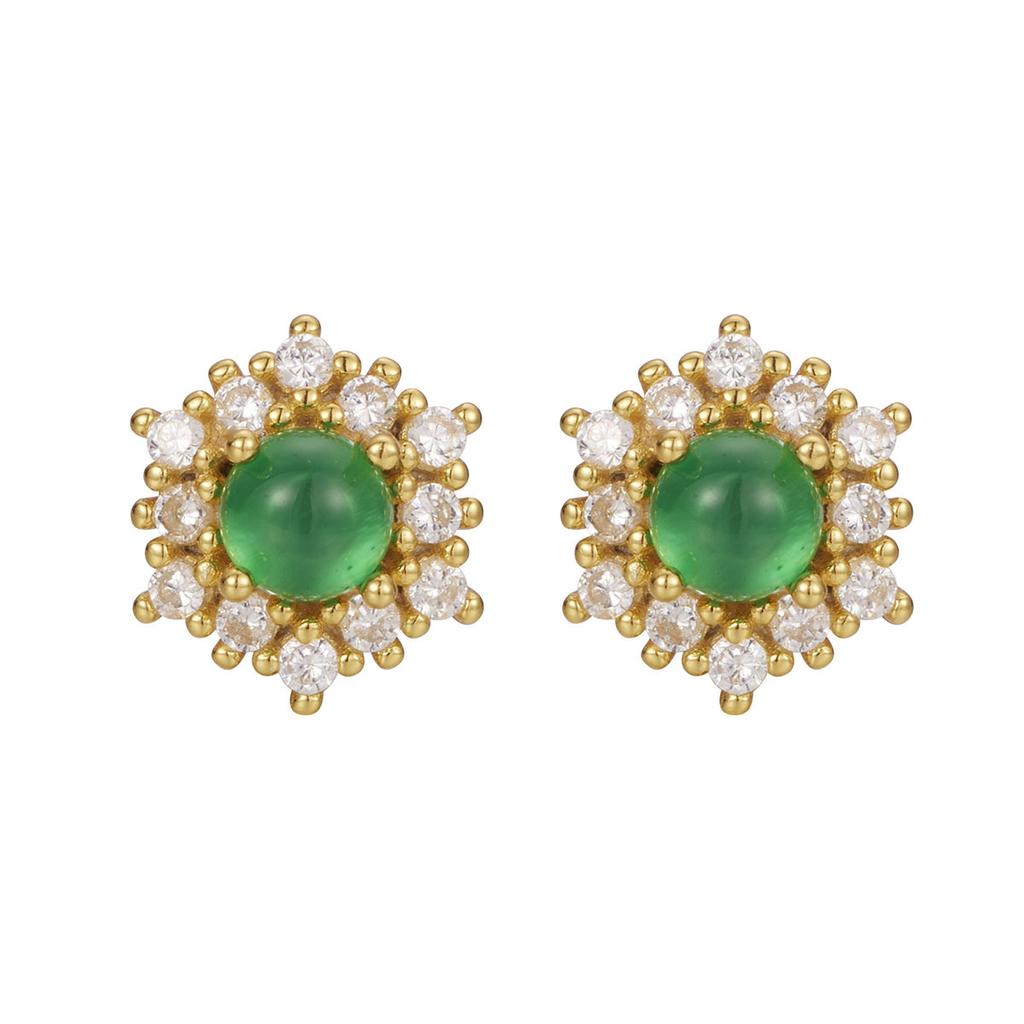 Комплект из платины с круглыми когтями, посеребренная 925 пробы, с серьгами-гвоздиками из натурального зеленого халцедона, изысканные темпераментные серьги