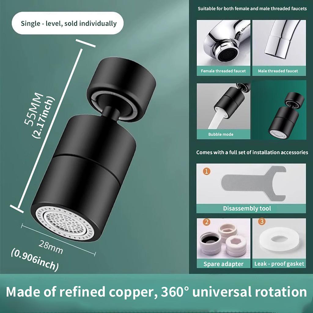 Copper Faucet Splash Guard - 360° Adjustable Angle, Universal Thread Adapter with Silicone Gasket, Anti-Leak