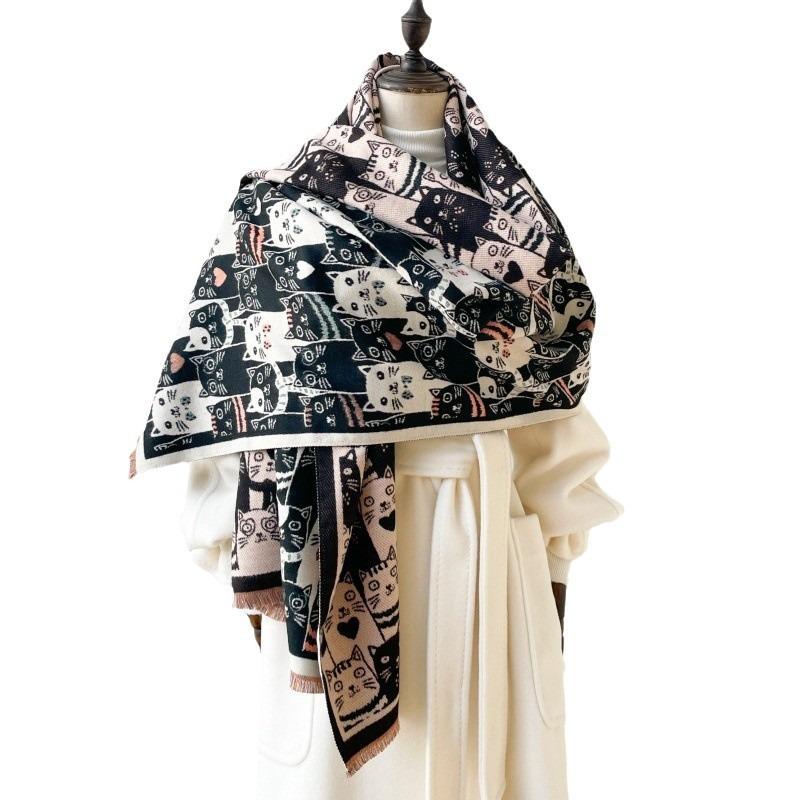 Winter Kitten Scarf Women's New Versatile Lengthened Imitation Cashmere Scarf Fashion Warm Thickened Shawl