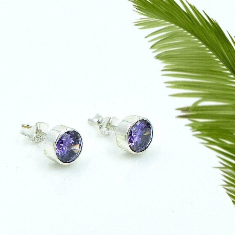 Natural Purple Amethyst Round Stud Earrings 925 Sterling Silver Handmade Earring