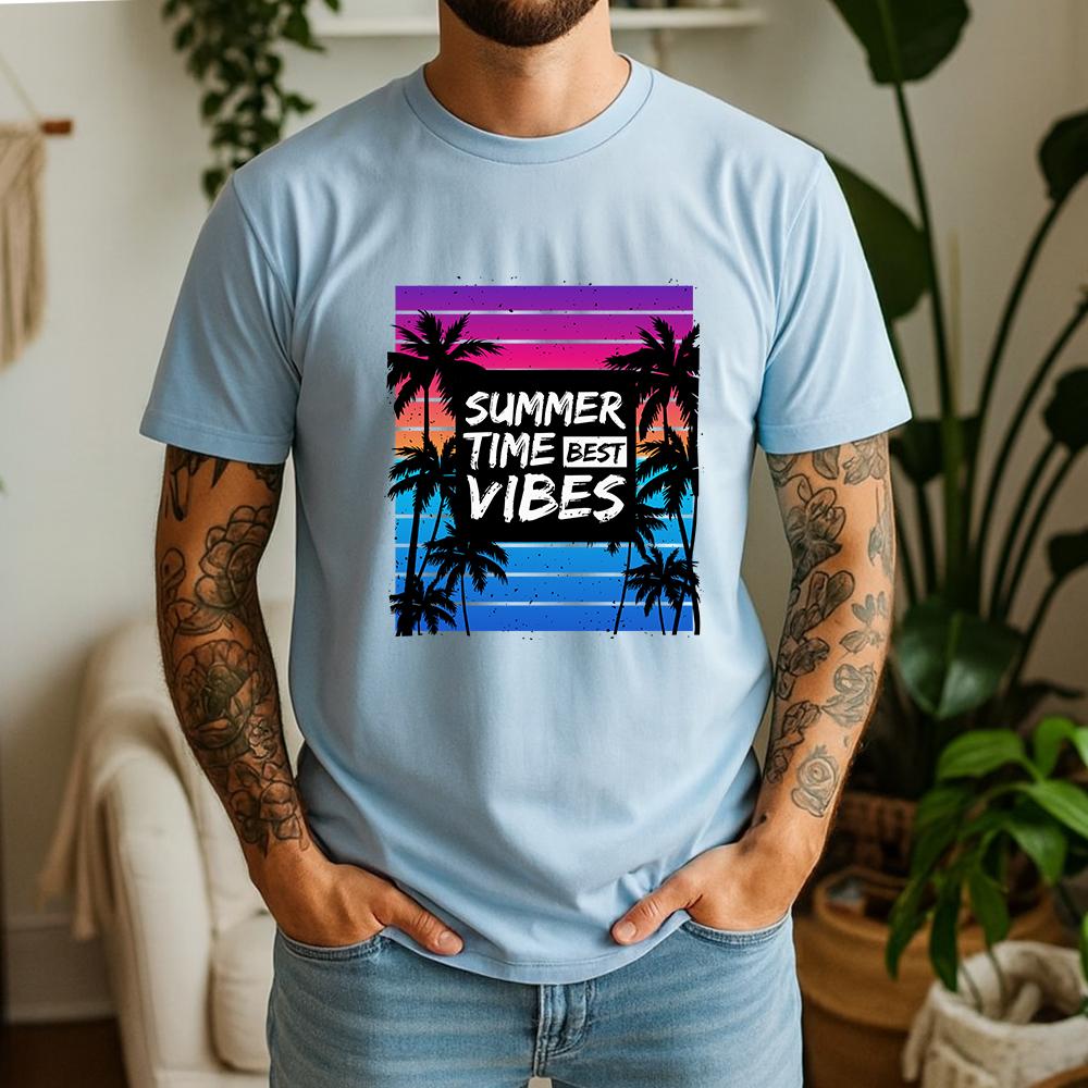 2026 New Summer Unisex Soft Cotton Short Sleeve Tee Summer Vibes Palm Tree Graphic Beach Casual Style