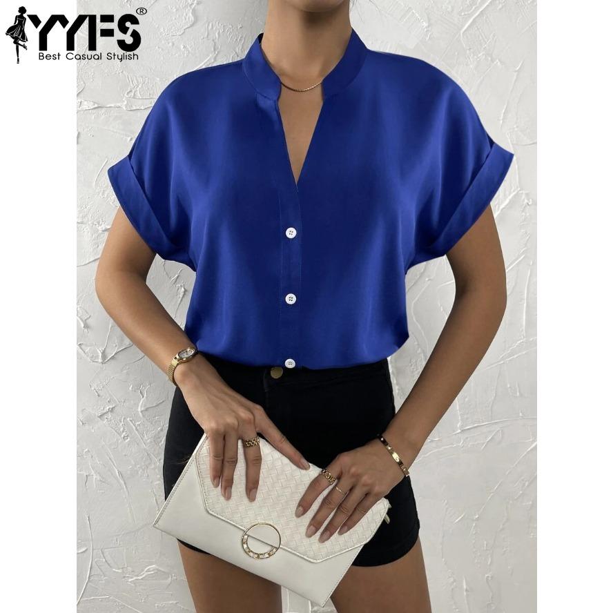 YYFS Women's Fashion Casual Summer Spring Solid Color Print Short Sleeve V-Neck Blouses & Shirts