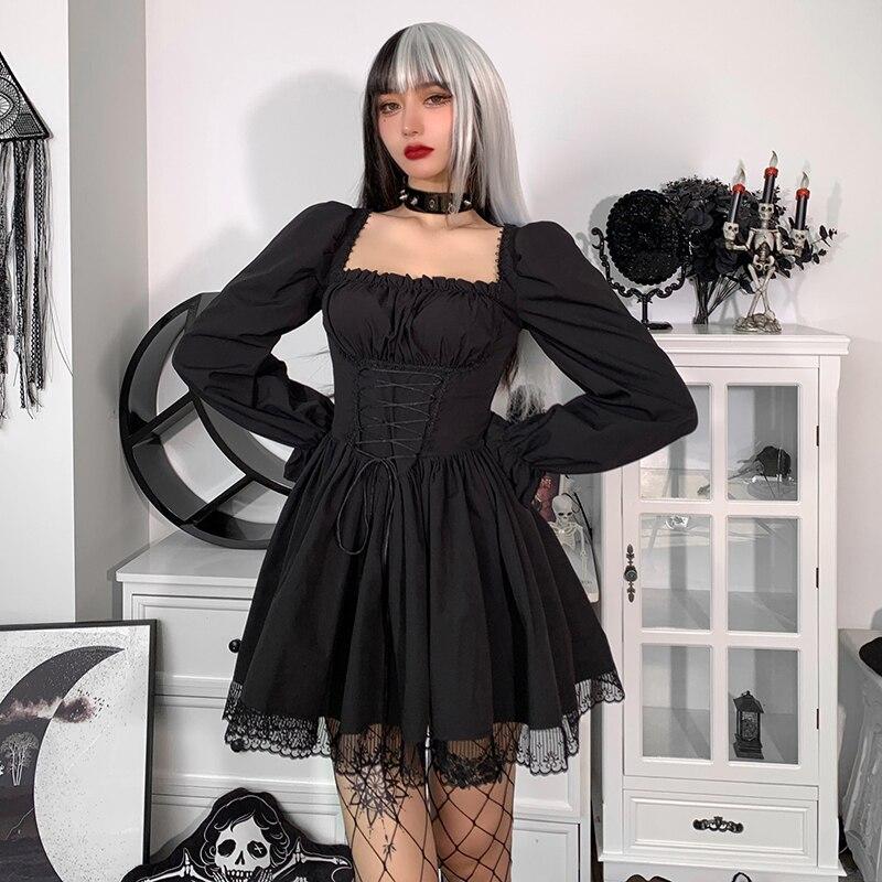 Gothic Sexy Black Lace Up Dress Vintage Square Collar Puff Sleeve Lace Tirm Mini Dresses Harajuku Fairy Grunge Party Dress