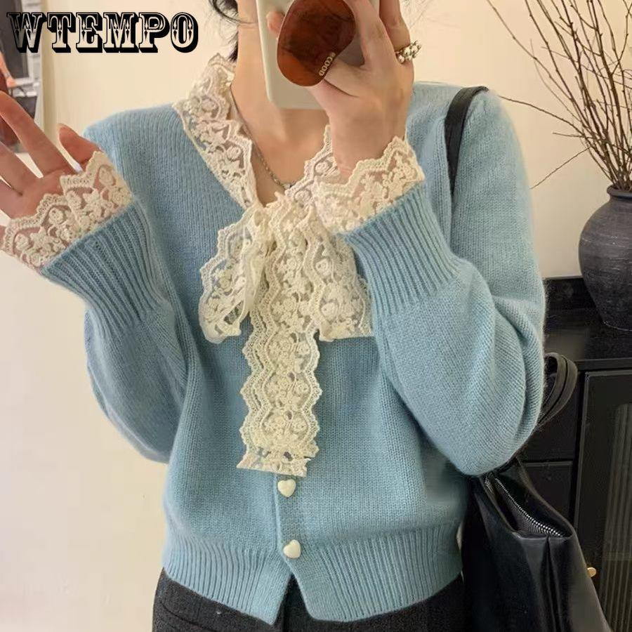 Кружевной кардиган с жемчугом, женский вязаный кардиган с бантом, свободный свитер для осени и зимы, топ с длинным рукавом