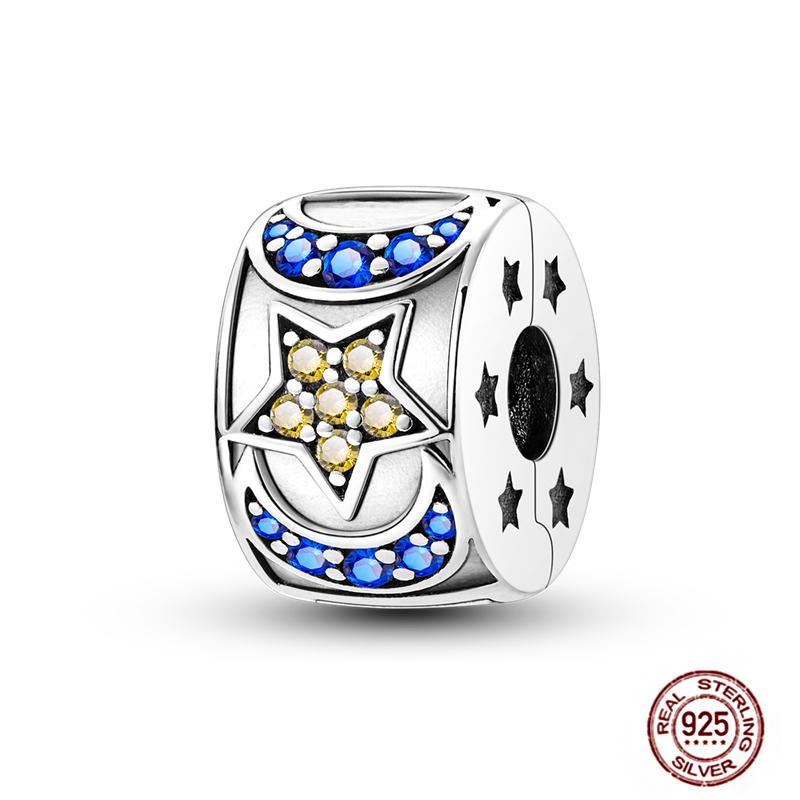Round 925 Copper Clasp Pave Clip Charms Blue Star Moon Butterfly Slide Safety Chains Spacer Beads Fits Original Bracelet Zircon