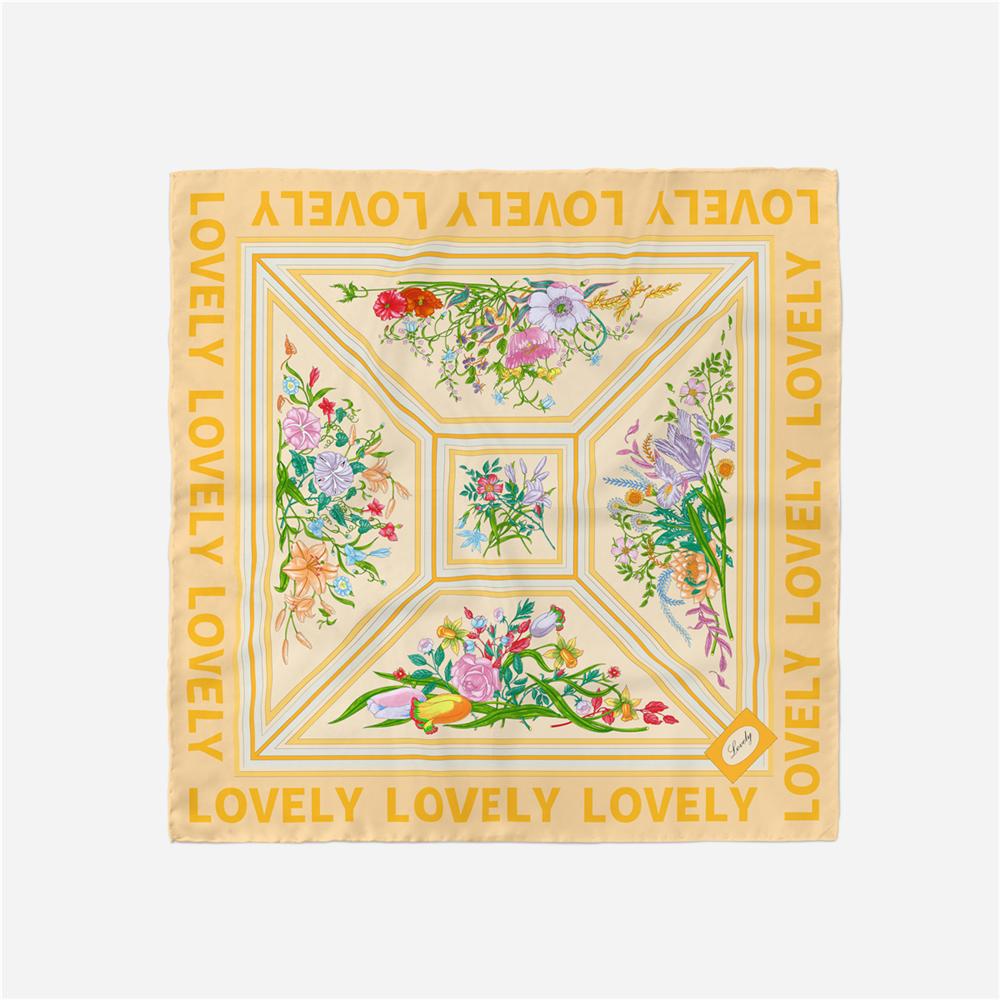 Twill Silk Scarf Woman Floral Painting Square Scarves Wraps Bandana Small Hijab Silk Foulards Tie Headband Neckerchief 53CM