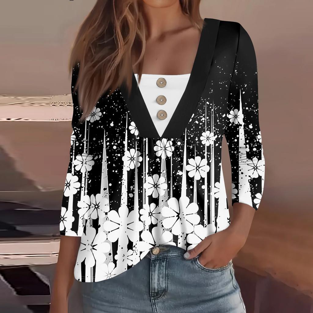 Women's Fashion Casual Long Sleeve Shirt Floral Printed Button V Neck Up Tops