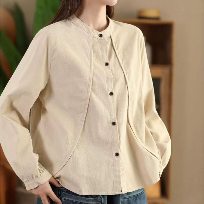 Johnature Woman Autumn Chinese Style Vintage Splicing Turn Down Collar Shirt Long Sleeves Solid Color Corduroy Shirt