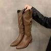 Thick Heel Vintage Brown V-Mouth Pile Tall Boots Women's Shoes 2025 Autumn Pointed Western Cowboy Boots