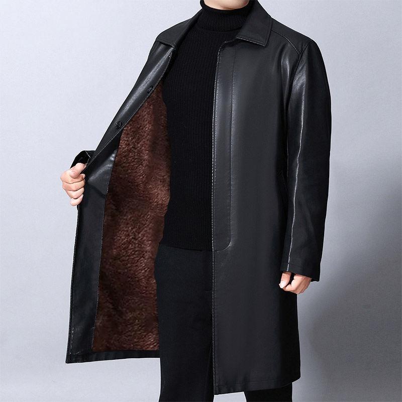 New Winter and Autumn Men's Warm Thick Long Leather Jacket Pu Leather Lapel Windbreaker