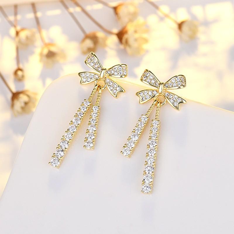 BELLA BOX 2025 New Fashion Day Korean Pure Silver Needle Earrings, Long Slightly Inlaid Zircon Bow Tassel Stud Earrings For Women
