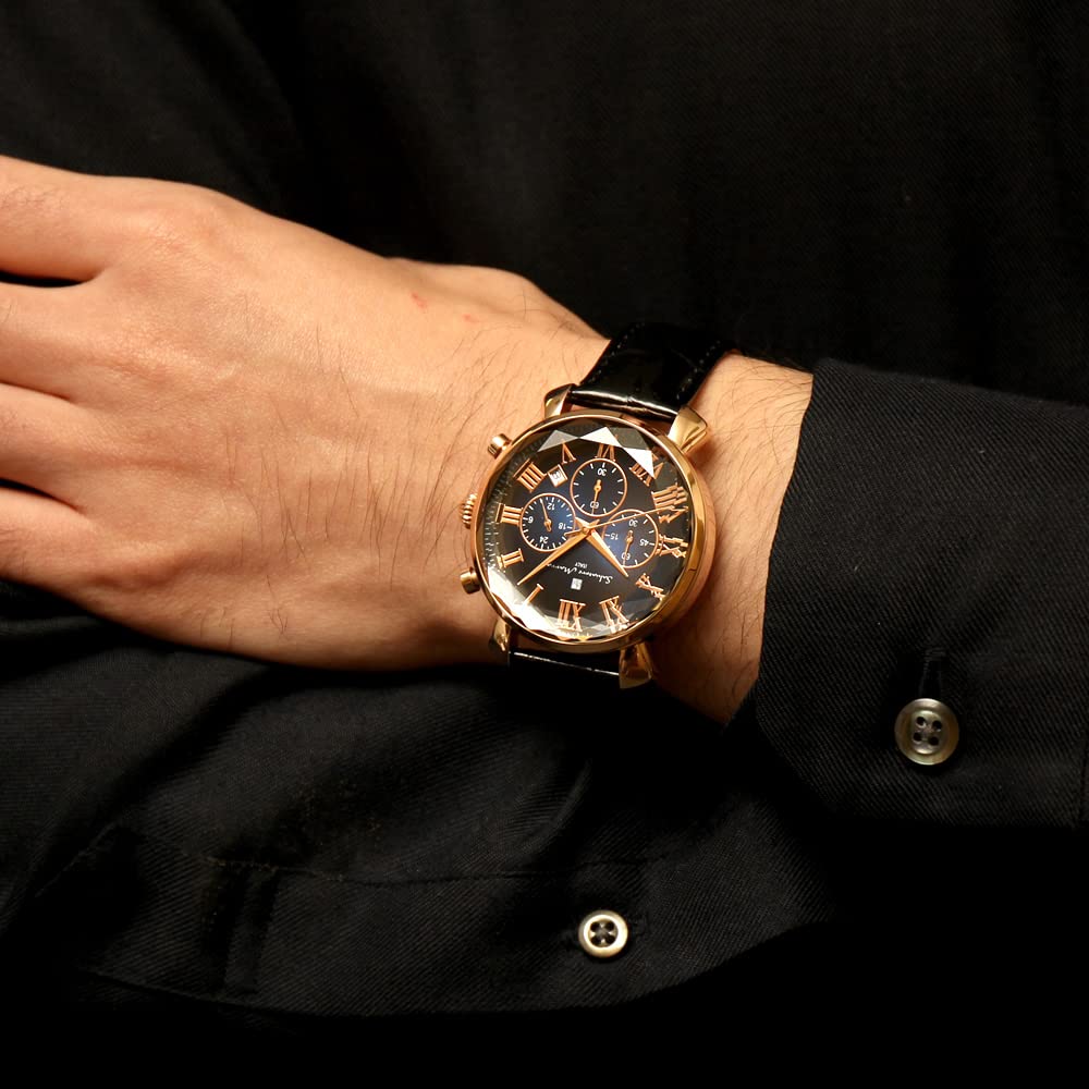 Salvatore Marra Стеклянный хронограф с кожаным градиентом и мужские часы, многогранный ремешок, зеленый, синий, черный, SM19104-PGBLBK