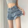 American Denim Skirt with Women's Inner Lining Design, High Waisted and Slim A-line Ruffle Edge Wrap Buttocks Skirt, Summer Bottoms