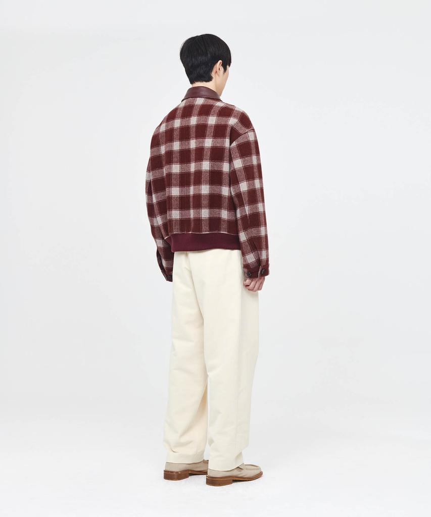 Afterpray Leather Collar Check Wool Blouson Burgundy