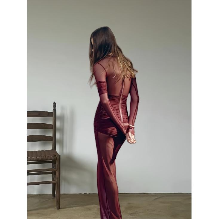 Прозрачное макси-платье в сетку пэчворк для женщин, с длинными рукавами и сборками, облегающее фигуру, для вечеринок, клубов, вечерних мероприятий, элегантное платье