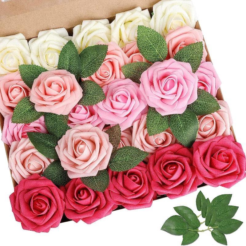 Искусственные цветы, 25/50 шт., искусственные розы, белые свадебные украшения для свадебного душа, композиции для вечеринок, украшения для столов(10 роз+5 листьев/25 роз+5 листьев)