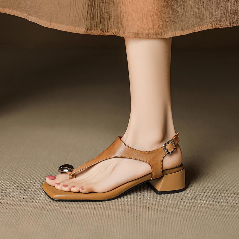 Мода 2025 Лето Женские Сандалии Натуральная Кожа Женская Обувь Открытый Носок Средний Каблук Женская Обувь Шлепанцы Современные Сандалии Т-образный Ремешок