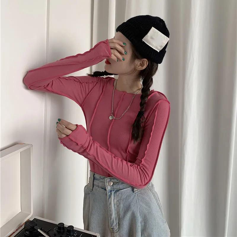 WTEMPO Женские футболки с длинным рукавом и круглым вырезом, тонкие родо-синие шикарные уличные женские крутые корейские весенние повседневные топы