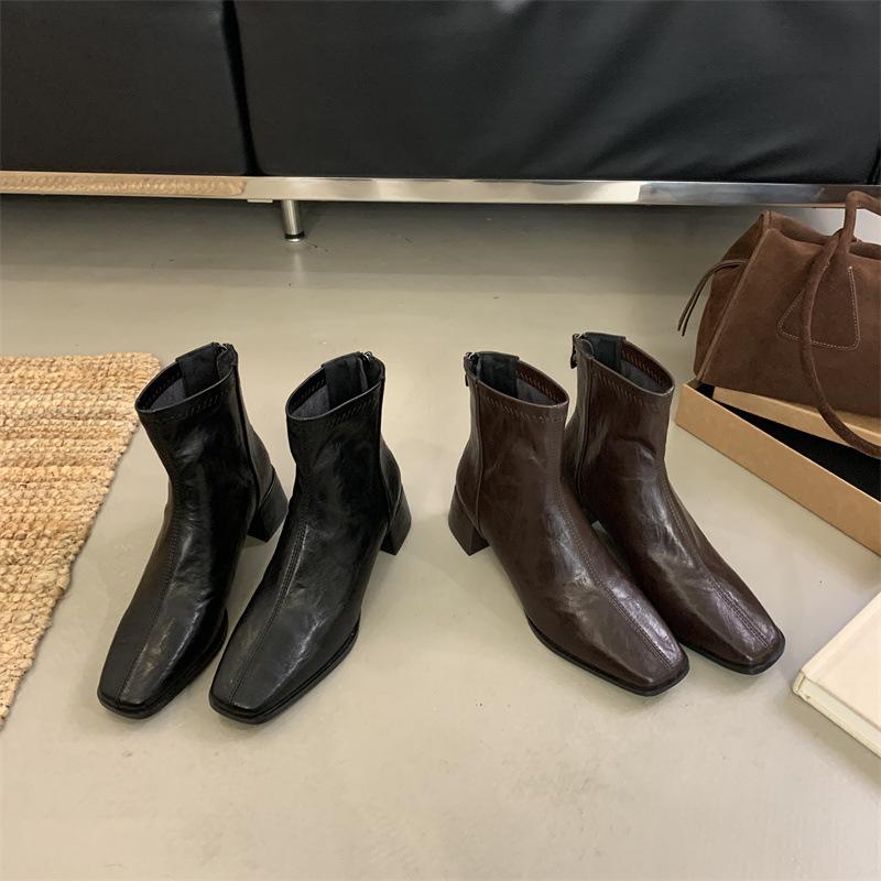 2025 Autumn and Winter New Retro Medium Boots Thick Heel Elastic Single Boots Square Head Thin Boots Women's Short Boots Genuine Leather Boots Women