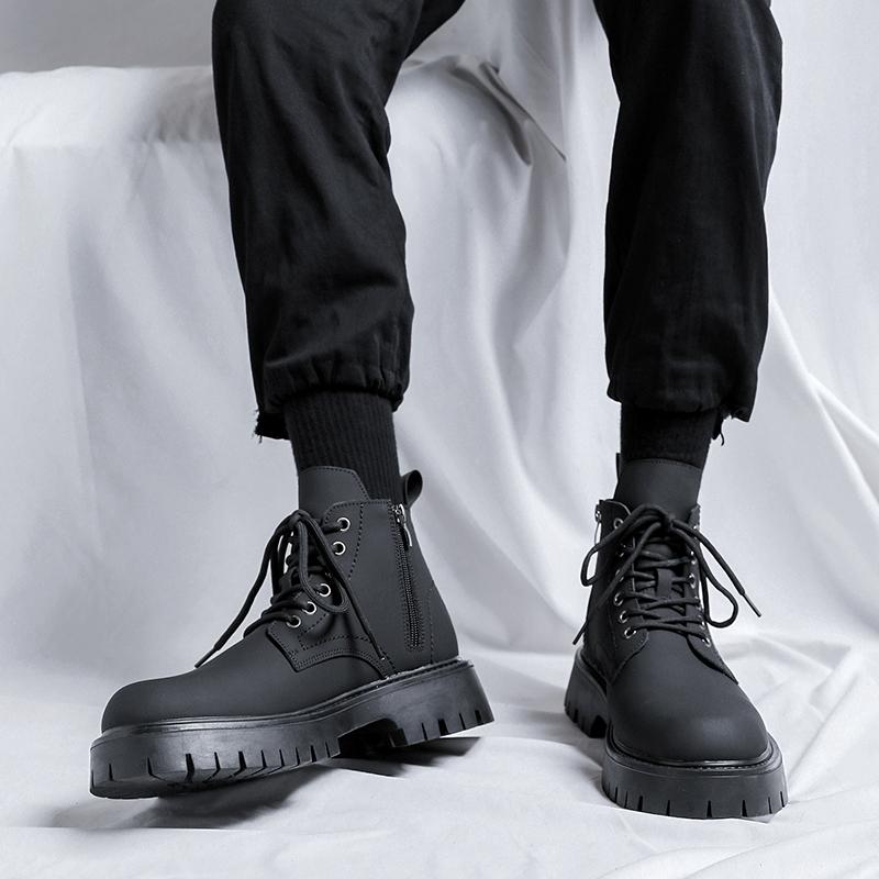 2024 Genuine Leather Mid Top Boots Men Platform Thick Sole Classic Black British Style Chelsea Boots High-top Men Punk Shoes