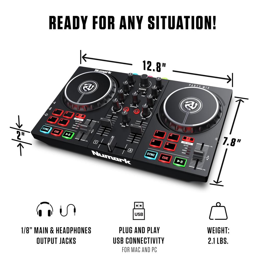 Numark DJ Controller for Beginners DJ Equipment Serato DJ Lite Included Streaming LED Light Audio Interface Portable DJ Mixer Numark Party Mix II