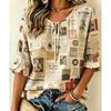 Women Tie Neck Ruffle Half Sleeve Blouse Color Block Geometric Print Loose Casual Shirt for
