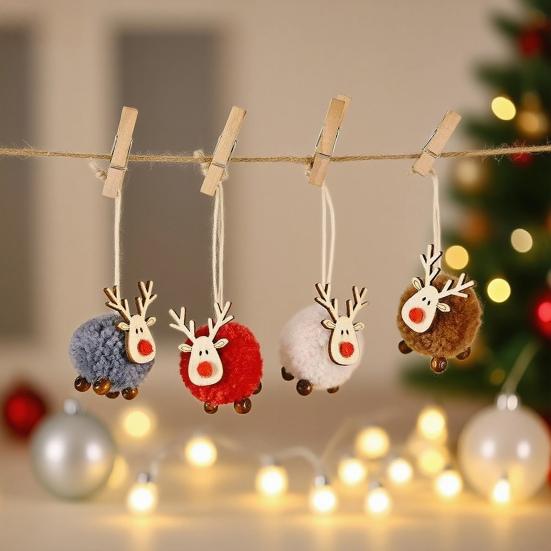 Pom Pom Reindeer Christmas Ornament Plush Elk Hanging Ornaments Wooden Deer Slices Xmas Tree Pendants for Home Party Holiday Decor