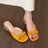 Transparent Crystal Thick Heel Bow Satin French Cool Slippers Women's Shoes Outer Wear 2025 Summer Medium and High Heel Sandals