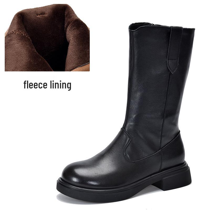 Ботинки-жокеи из натуральной кожи до середины икры с боковой молнией, женские ботинки на среднем каблуке из коровьей кожи с флисовой подкладкой, осень/зима 2025.