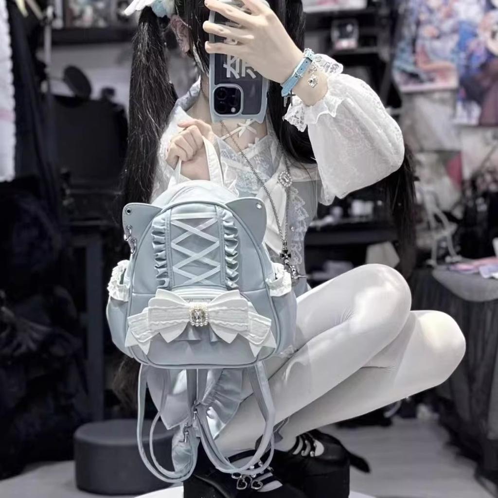 Новые Модные Милые Рюкзаки с Кошачьими Ушками Кружевная Отделка Бантом Сладкие Женские Y2K Панк Рюкзак Лолита Девочки Большой Вместимости Школьный Рюкзак
