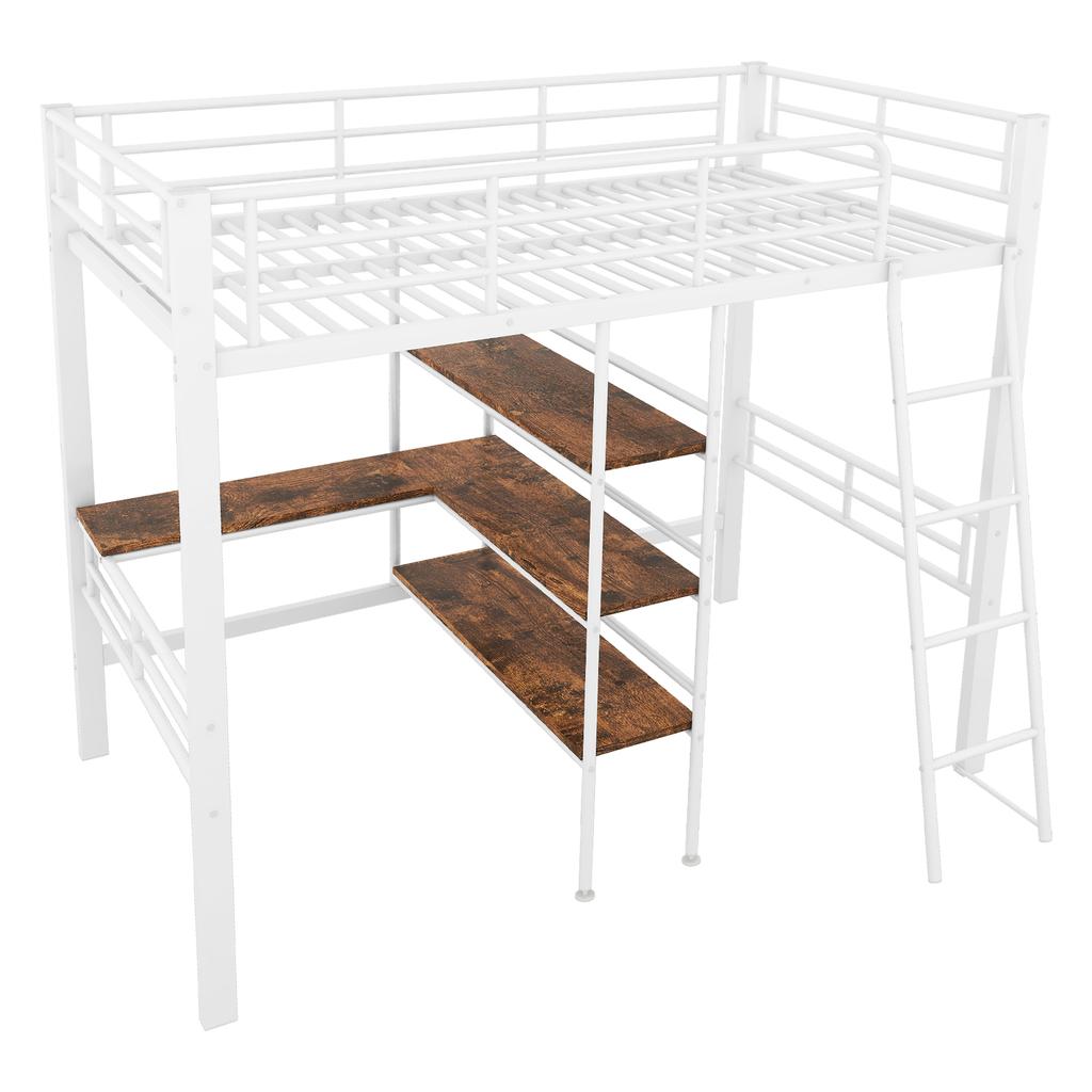 Loft bed, 90*200cm, without mattress, bed with desk, multiple shelves, railing, ladder, iron frame, white