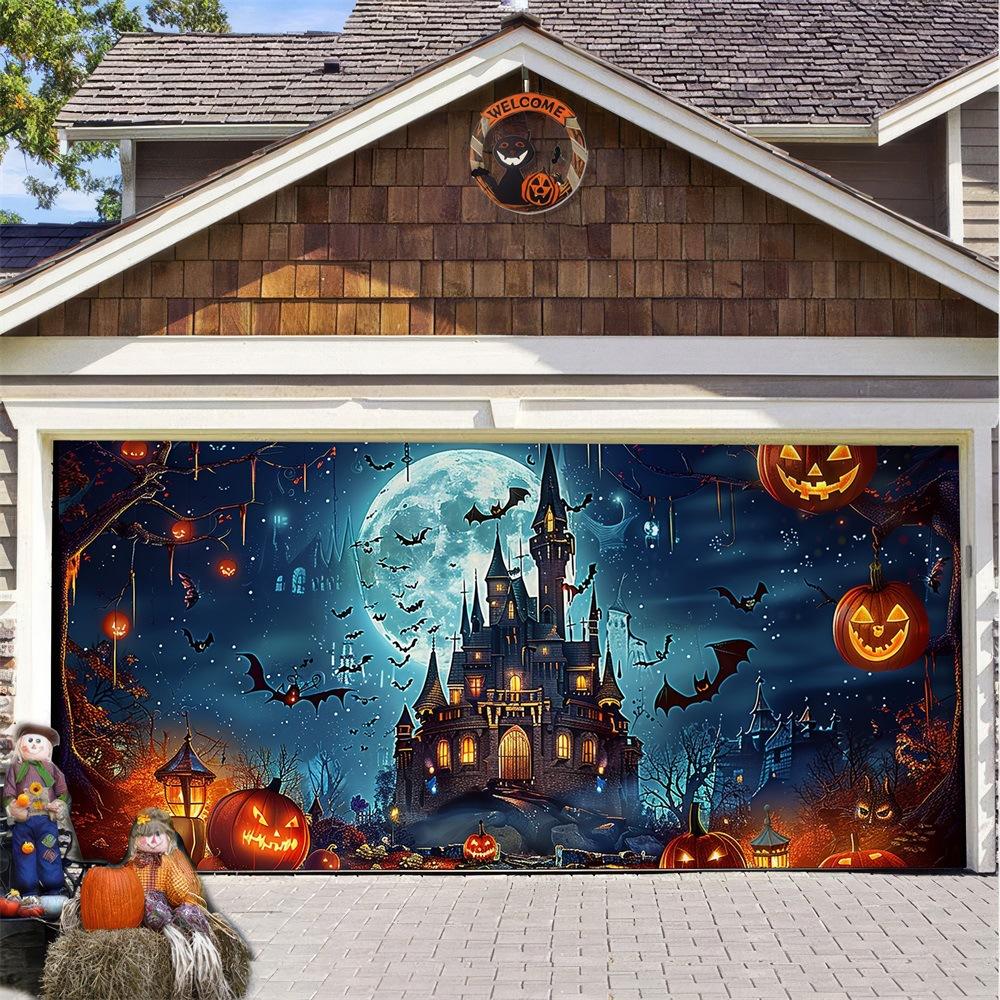 Halloween Garage Door Banner with Pumpkin Castle Horror Design - Large Waterproof Fabric Backdrop for Outdoor Yard Party Decor Home Front Porch Holi
