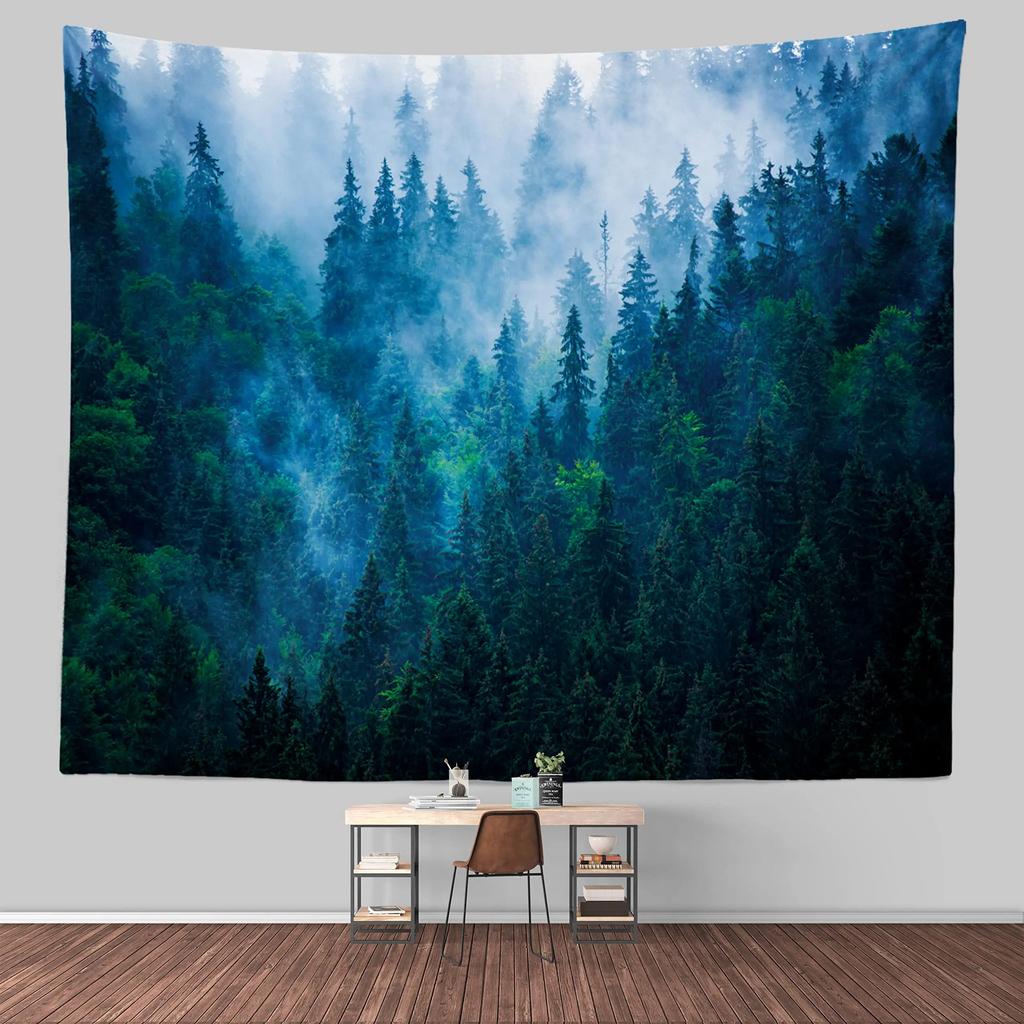 VIKAMA Misty Forest Tapestry Gradient Blue Pine Forest Nordic Minimalist Style Living Room Room Decoration