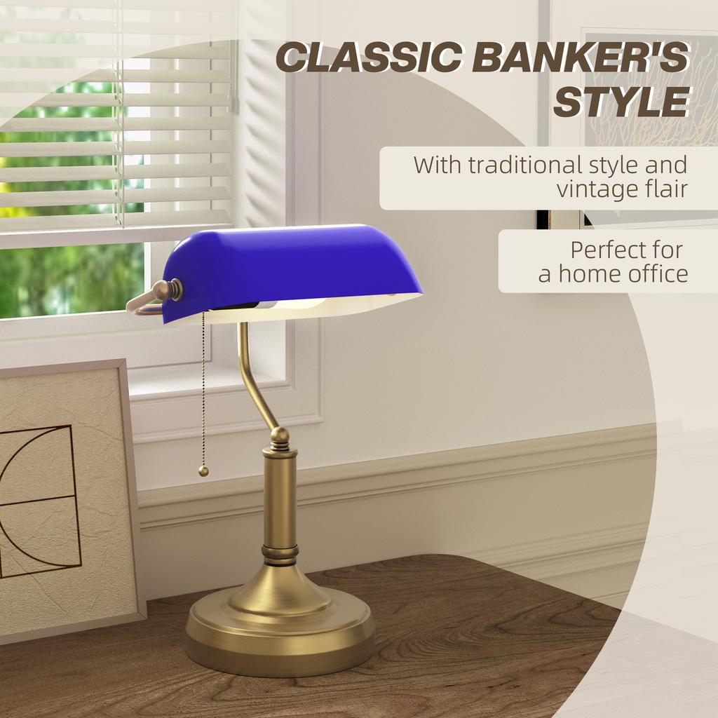 Banker S Desk Lamp With Antique Bronze Tone Base Table Lamp With Blue Glass Shade For Home Office Blue