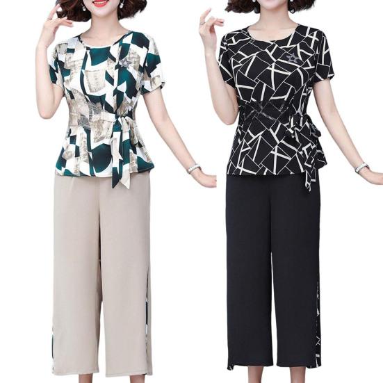 Женский комплект из 2 шт./компл., комплект из топа и брюк, плюс размер, с цветочным принтом, с короткими рукавами, с круглым вырезом, на шнуровке, с узкой талией, футболка с широкими штанинами, лоскутное шитье, женские брюки среднего возраста