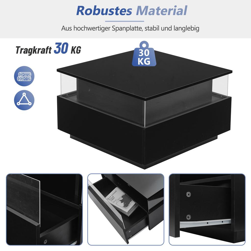 Журнальный столик глянцевый черный, квадратный со светодиодной подсветкой, кофейный столик 2 ящика прозрачный диванный столик приставной столик чайный столик офис