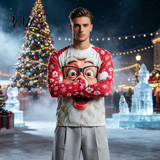 Santa Claus Pullover Christmas Print Sweatshirt for Men, Holiday Party Crewneck Long Unisex Outfits Sleeve Top, Breathable Casual Loose Shirt Festive